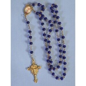 Glistening Blue Glass Beaded St Michael Archangel Rosary Gold Metal Crucifix